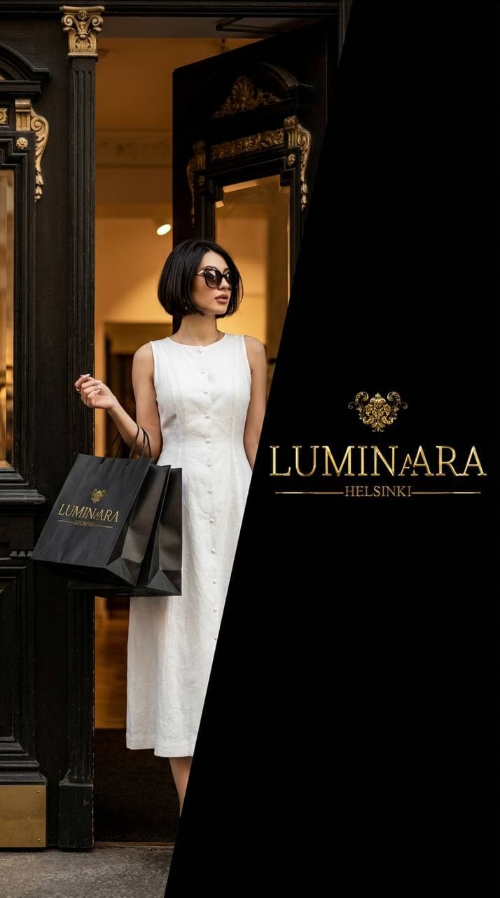 Model in a white linen dress at the doorway of the Luminaara Helsinki boutique